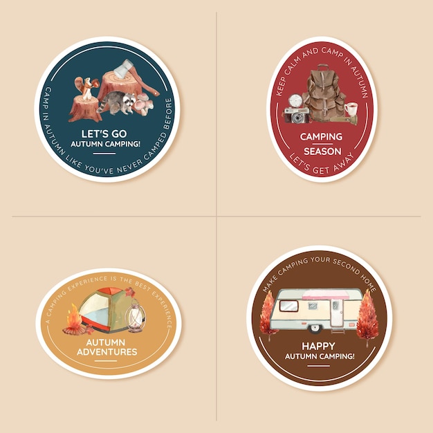 Free vector badge design set with autumn camping concept, watercolor style