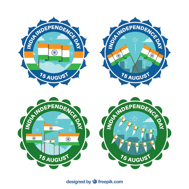 Free vector badges with flags for the independence day of india