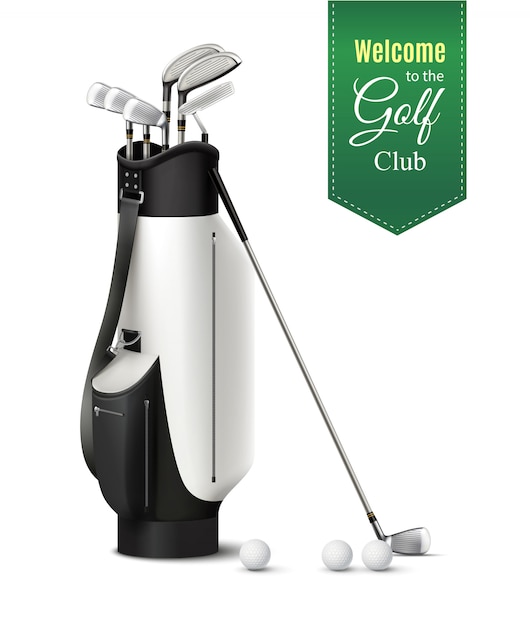 Free vector bag of various golf clubs and balls realistic set  vector illustration