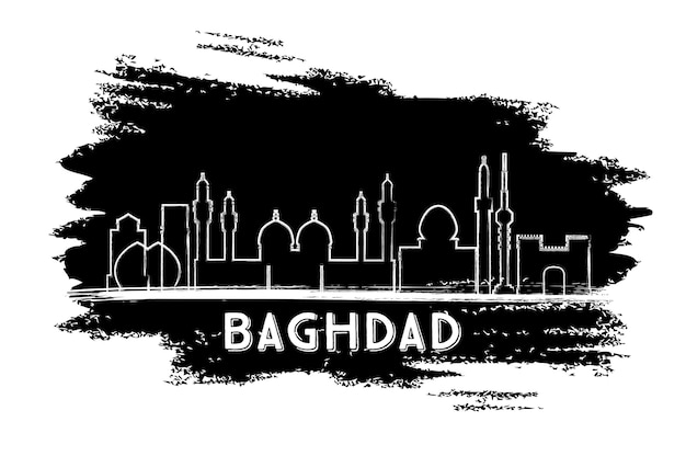Силуэт горизонта города ирака багдад. рисованный эскиз. векторные иллюстрации. деловые поездки и концепция туризма с исторической архитектурой. городской пейзаж багдада с достопримечательностями.