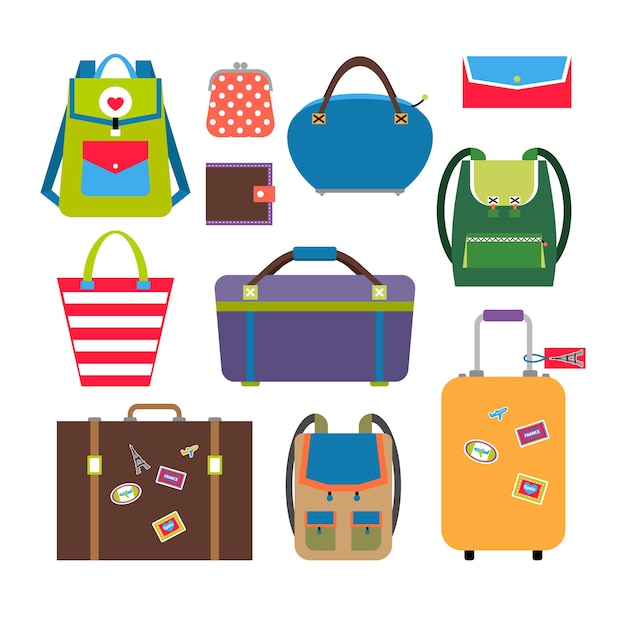 Bags and luggage in flat style set. baggage and travel, briefcase and case.