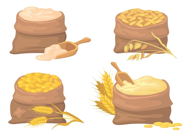 Set di illustrazioni di sacchi di grano, segale e farina