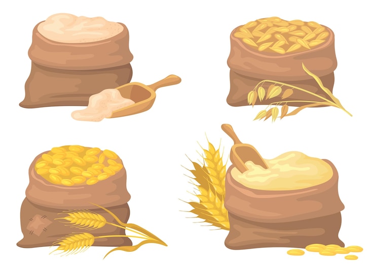 無料Vector 小麦、ライ麦、小麦粉のイラストセットの袋