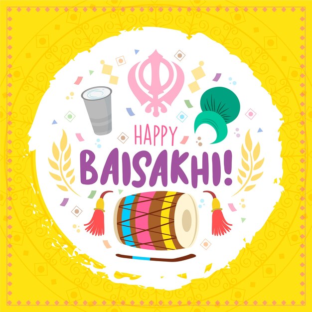 Baisakhi 인도 축제 전통 요소 손으로 그린