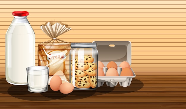 Baked goods with bottle of milk and two eggs in a group