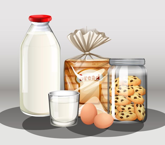 Baked goods with bottle of milk and two eggs in a group
