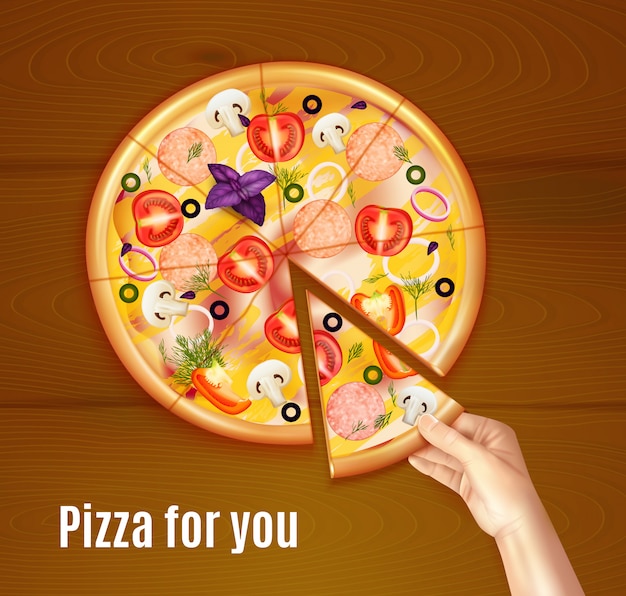 Free vector baked pizza realistic composition on wooden background with hand holding piece of dish