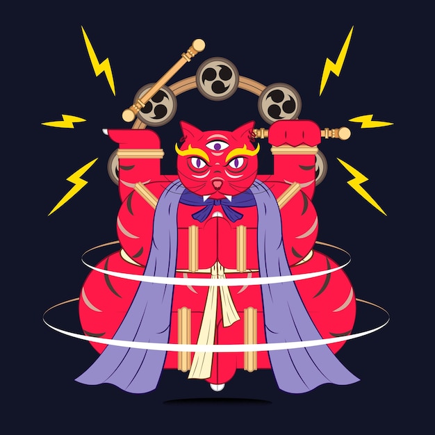 Free vector bakeneko with raijin drums, japanese monster cat element on a black background