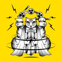 無料ベクター 雷神ドラム、黄色の背景ベクトル上の日本のモンスターキャット要素と化け猫