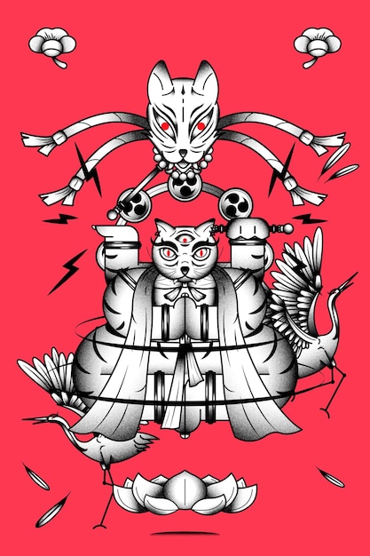 Free vector bakeneko with raijin drums, japanese monster cat element on a redbackground vector