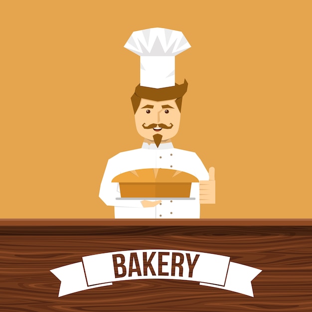 Free vector baker and bread design with smiling man behind wooden counter