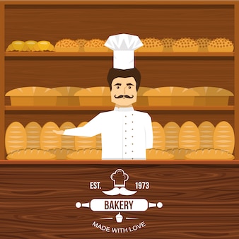 Baker behind counter design with mustached man and wooden shelves of bread