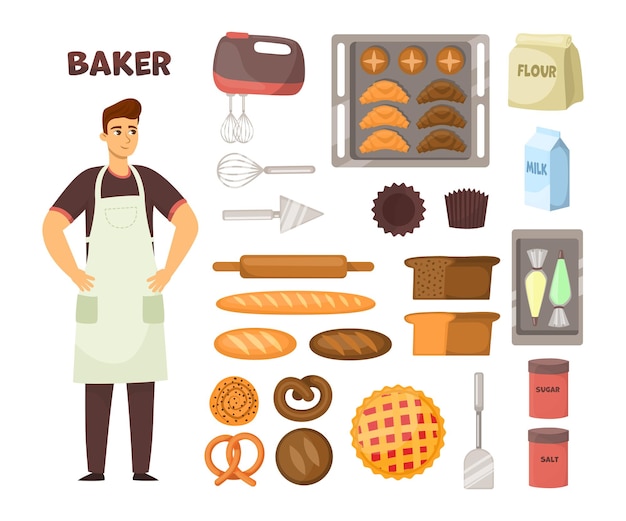 Baker e la sua attrezzatura per la cottura di torte, pane e altri cibi. personaggio maschile in grembiule con farina, mixer e set di illustrazioni vettoriali per cartoni animati da forno. professione di cuoco, concetto di ristorante