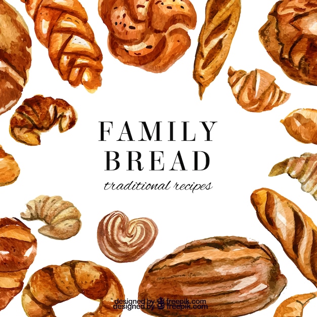 Free vector bakery background with bread and pastries in watercolor style