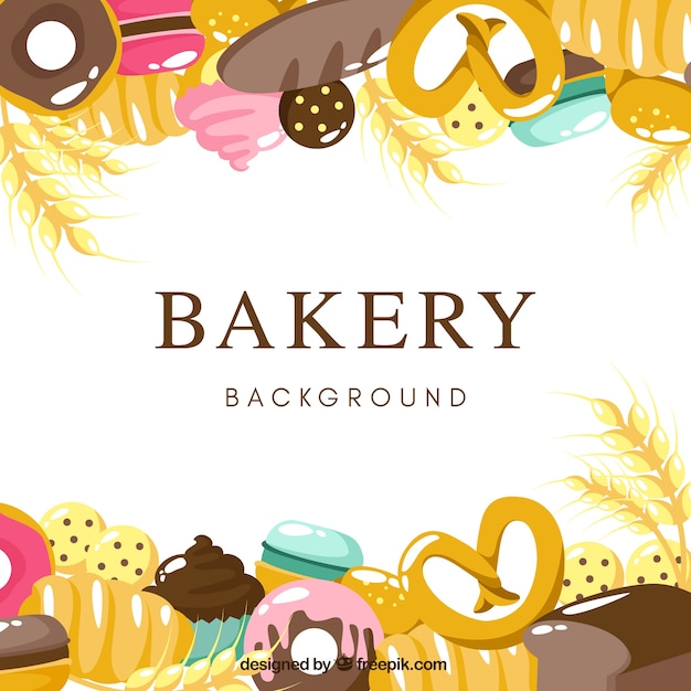 Free vector bakery background with desserts in flat style