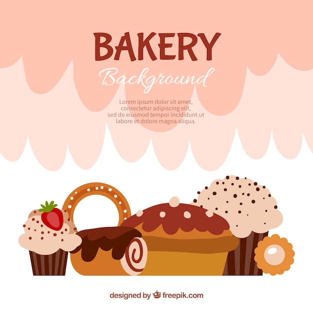 Free vector bakery background with sweets in flat style