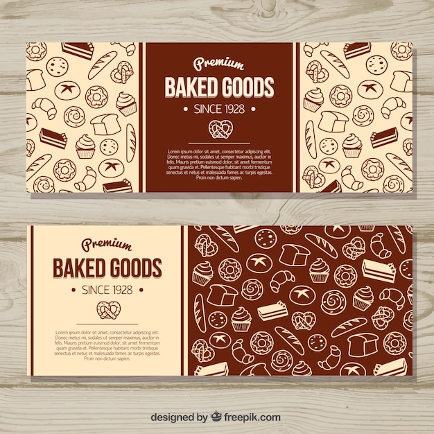 Free vector bakery banners with sweets and bread in flat style