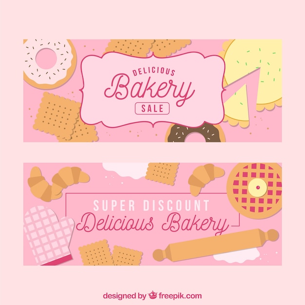 Free vector bakery banners with sweets and bread in flat style