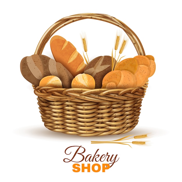 Free vector bakery basket with bread realistic image