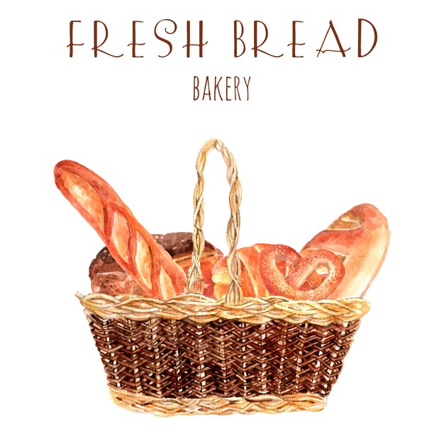 Bakery bread advertisement poster with vintage basket full wheat round loafs and baguette