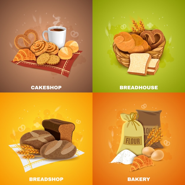 Vettore gratuito bakery breadshop 4 flat icons square