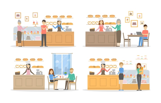 Кафе-пекарня набор Иллюстрации пекарни с посетителями и выпечкой на белом фоне