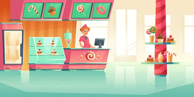 Free vector bakery and candy shop interior with cashier