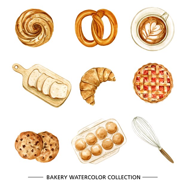 Bakery, coffee illustration with watercolor on white background.