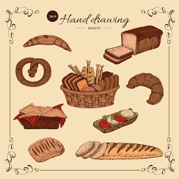 Free vector bakery colored hand drawn set