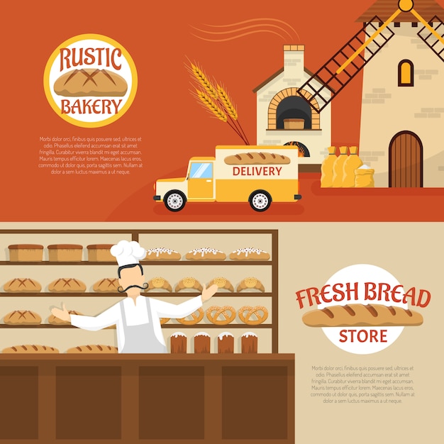 Бесплатное векторное изображение Пекарня горизонтальные баннеры