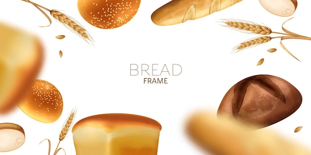無料ベクター 焼きたてのパン小麦の穂と白い背景の現実的なベクトル図のぼやけた要素を持つパン屋さんの水平フレーム