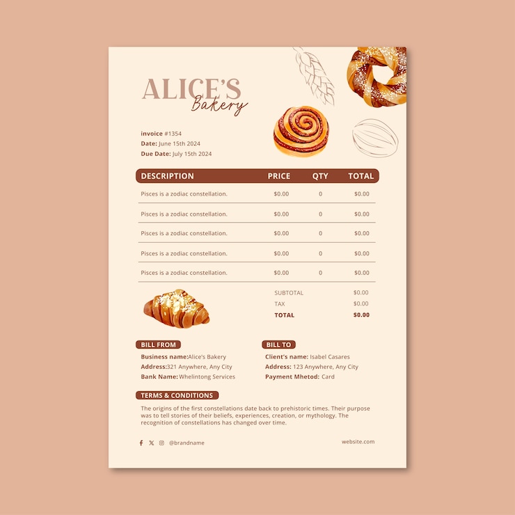 Free Vector bakery  invoice template design