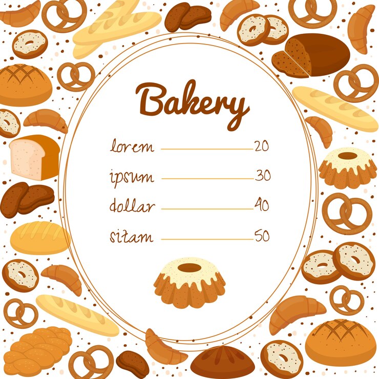Free Vector bakery menu or price poster with a central price list in an oval frame surrounded by pretzels
