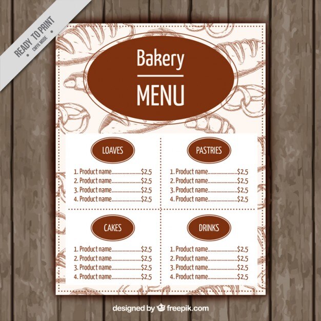 Download Free Free Vector Bakery Menu Template Use our free logo maker to create a logo and build your brand. Put your logo on business cards, promotional products, or your website for brand visibility.