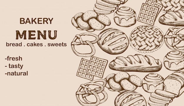 Пекарское меню с хлебом, пирожными, сладостями и местом для текста
