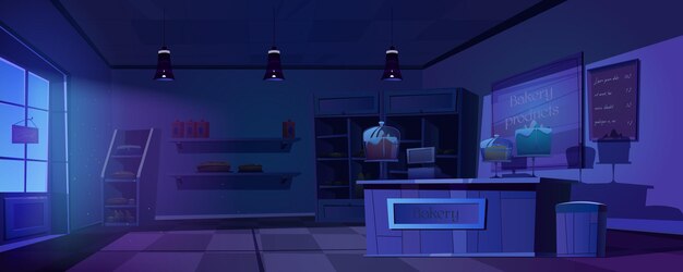 Bakery at night, empty dark bake house interior with products on shelves