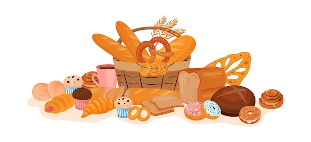 Free vector bakery products flat composition with pile of baked foods with wooden basket sweets and coffee cup vector illustration