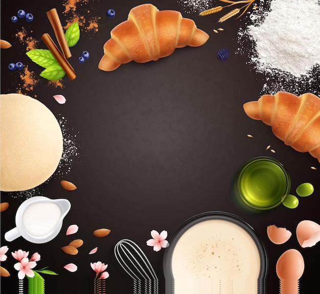 Реалистичная композиция каркаса пекарни на темном фоне с пустым пространством, окруженным иконами основных векторных иллюстраций приготовления пищи