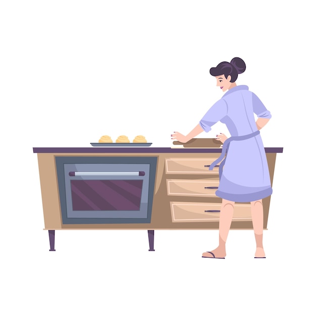 Free vector bakery set flat composition with front view of kitchen table with oven and female cook