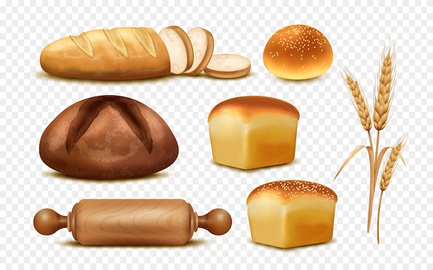 Бесплатное векторное изображение Набор хлебобулочных изделий из реалистичных хлебных буханок, пшеничных колосьев и деревянной скалки, изолированных на прозрачном фоне, векторная иллюстрация