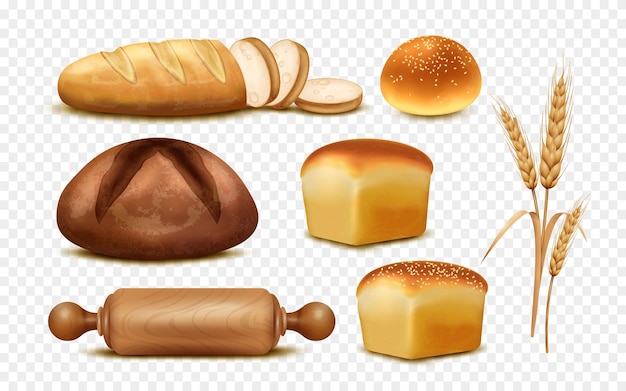 Free vector bakery set of realistic bread loaves wheat ears and wooden rolling pin isolated on transparent background vector illustration