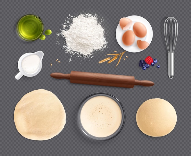 Набор реалистичных изображений на прозрачном фоне с иконами кухонной посуды и ингредиентов для векторной иллюстрации приготовления пищи