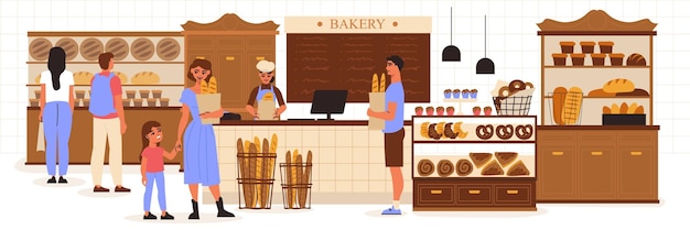 Bakery shop composition bakery with visitors and vendors and freshly baked bread vector illustration