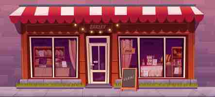 Vettore gratuito facciata del negozio di panetteria con grandi finestre e porta