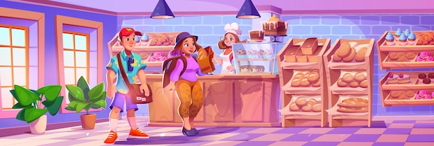 Free vector bakery shop interior with buyers and salesperson