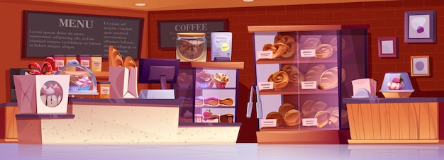 Бесплатное векторное изображение Интерьер пекарни с прилавком мультяшный векторный фон витрина кафе с кондитерским хлебом, кексом и булочкой на полках подарочный пакет с тортом внутри и шоколадным печеньем в банке