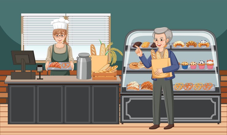 Free Vector bakery shop interior with seller and customer