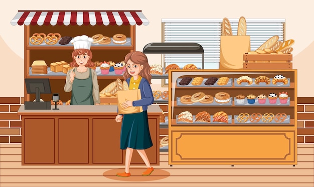 Free vector bakery shop interior with seller and customer