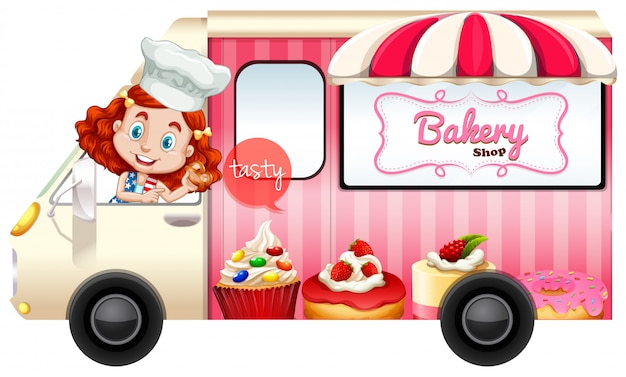 Free vector bakery truck with baker driving