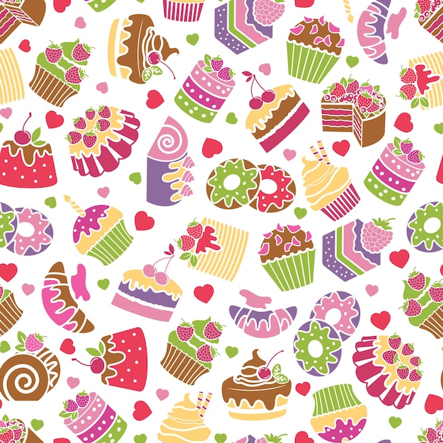 Baking and desserts seamless pattern background. Food and cream, sweet  design, birthday decoration, vector illustration